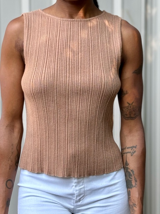 Marled Tops - Marled Ribbed Knit Sleeveless Tank Top - Camel Brown
